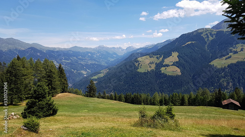 View from a mountain in the Swiss Alps in summer