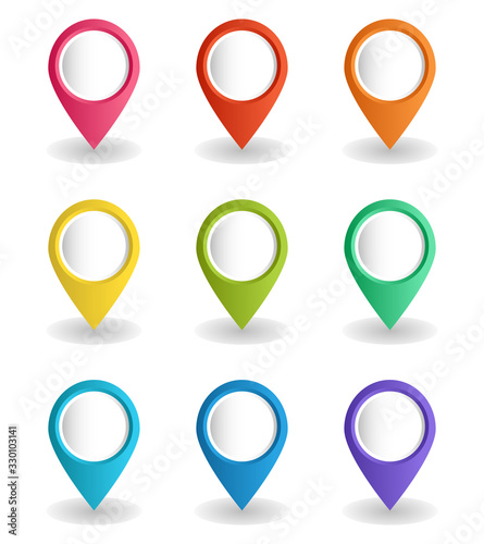 Set of multi-colored volume map pointers. Vector illustration with GPS location symbol in flat design style. Collection of blank markers for your targets, signs and icons on a white backdrop.