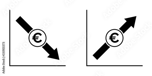 Vector infographics with scheme of Euro fall and growth. Сoncept flat illustration of the european currency increase and collapse in black and white colors on a white backdrop.