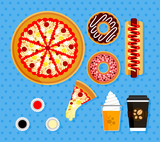 Illustration Set Of Pizza Orders At American Fast Food Restaurants. Poster Elements Of Food Complete With Hot Coffee, Orange Juice With Float Ice Cream, Slices pizza With Melted Mozzarella Cheese