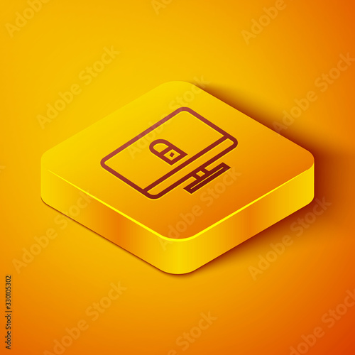 Isometric line Lock on computer monitor screen icon isolated on orange background. Security, safety, protection concept. Safe internetwork. Yellow square button. Vector Illustration