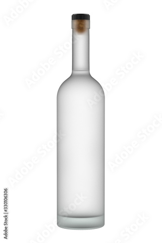 Misted or Frozen White Matte Glass Bottle of Vodka, Gin, Tequila or other Alcohol with Drink. 3D Render Isolated on White Background.