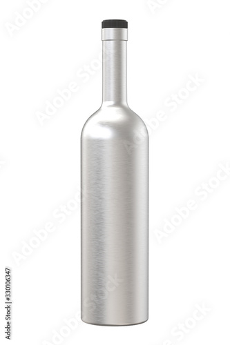 Silver Metal Bottle of Vodka, Gin, Tequila or other Alcohol with Drink. 3D Render Isolated on White Background.