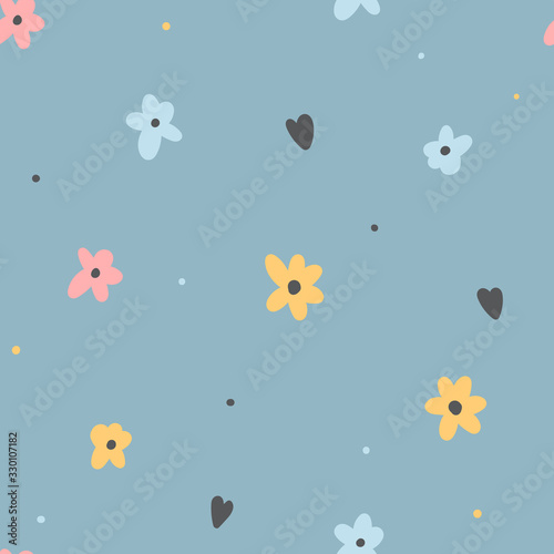 Kids cute seamless pattern with hand drawn flowers for print, textile, apparel design. Modern girly background.