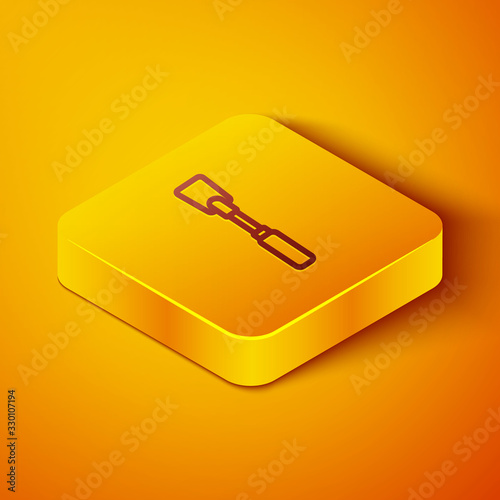 Isometric line Leather whip icon isolated on orange background. Fetish accessory. Sex toy for adult. Yellow square button. Vector Illustration