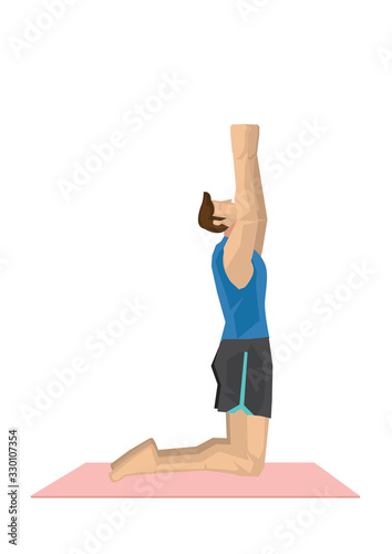 Illustration of a strong man practicing yoga with a kneel back arch pose.