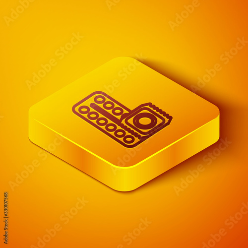 Isometric line Packaging of birth control pills and condom in package safe sex icon isolated on orange background. Contraceptive pill. Yellow square button. Vector Illustration