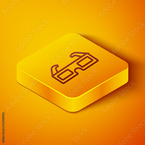 Isometric line 3D cinema glasses icon isolated on orange background. Yellow square button. Vector Illustration