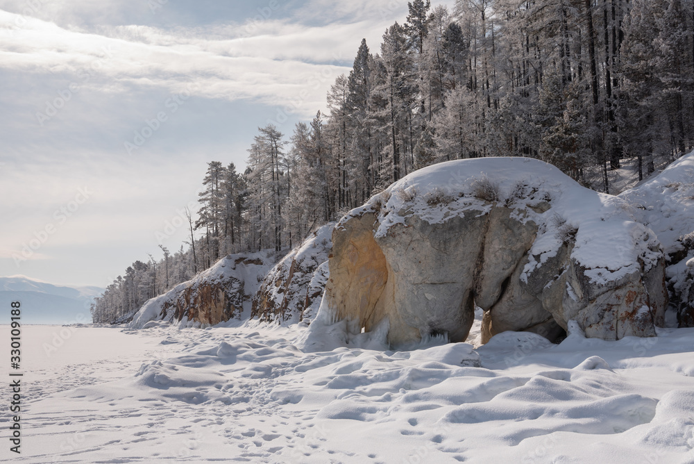 Winter landscape with snow covered trees, Lake Baikal, Siberia, Russia Winter landscape with snow covered trees, Lake Baikal, Siberia, Russia
