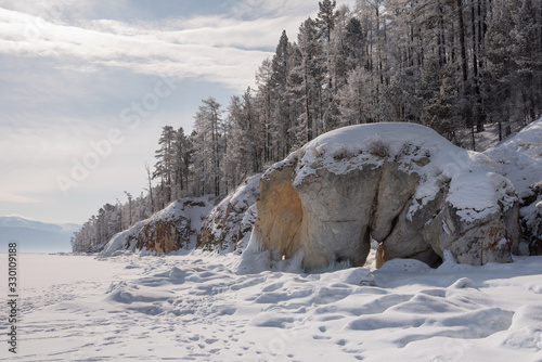 Winter landscape with snow covered trees, Lake Baikal, Siberia, Russia