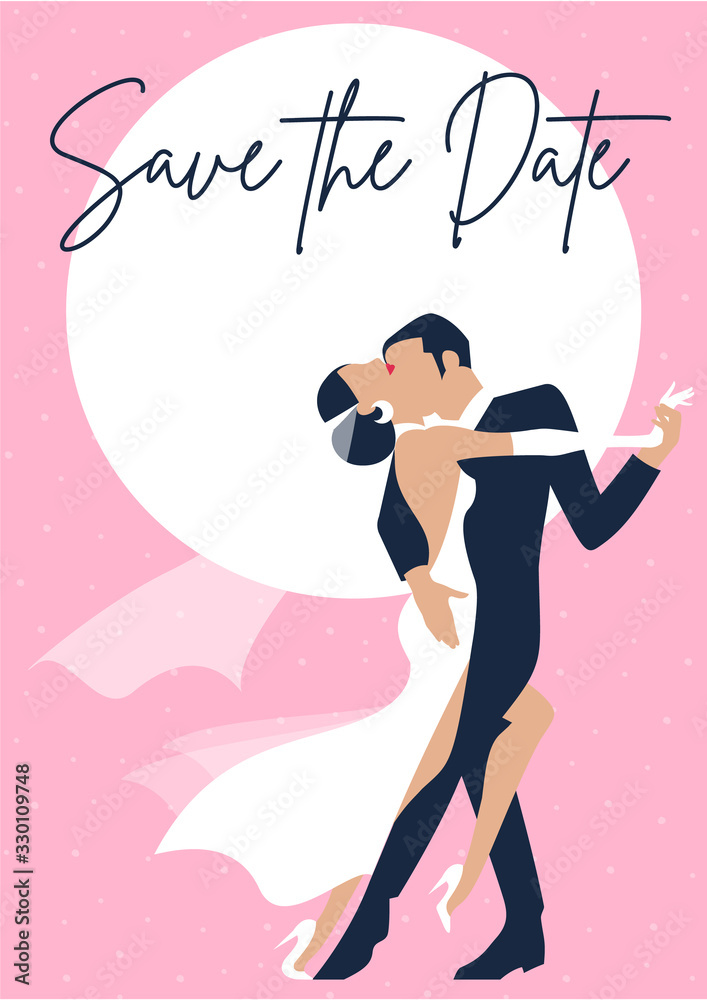 Tango dance. Vector illustration of couple at a wedding in the style of the early 20th century. Retro marriage party invitation card. Flat art style. Tango dance. Vector illustration of couple at a wedding in the style of the early 20th century. Retro marriage party invitation card. Flat art style.