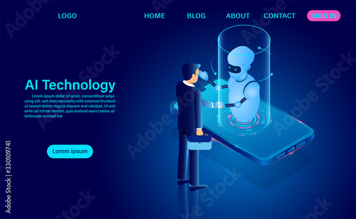 People and robots artificial intelligence work together to develop technology. system analysis. big data processing