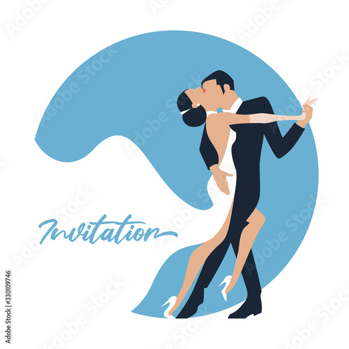 Tango dance. Vector illustration of couple at a wedding in the style of the early 20th century. Retro marriage party invitation card. Flat art style.