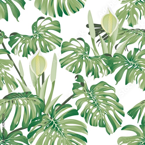 Monstera leaves and flowers. Seamless tropical pattern with exotic leaves and flowers. Bright and summer pattern with monstera on white background. Exotic botanical pattern. Stock vector illustration.