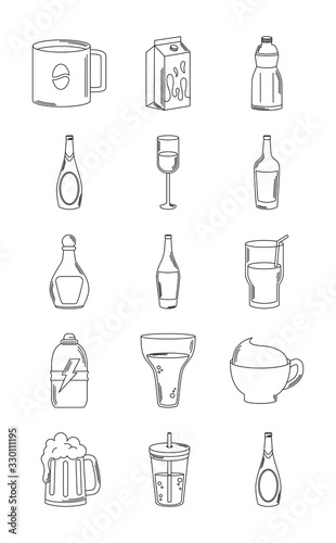 drinks beverage glass cups bottle alcoholic liquor icons set line style icon