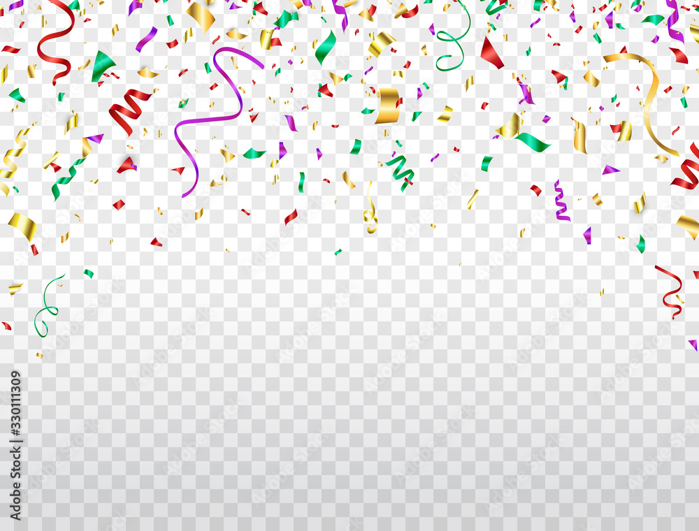Confetti flying on transparent background. Colorful confetti frame. Party backdrop. Bright color festive tinsel. Holiday design elements for web banner, poster, flyer, invitation. Vector illustration Confetti flying on transparent background. Colorful confetti frame. Party backdrop. Bright color festive tinsel. Holiday design elements for web banner, poster, flyer, invitation. Vector illustration