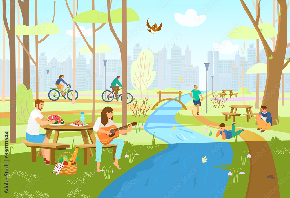People in spring city park having picnic, riding bikes, running, playing  guitar, taking photos, enjoying nature. Park scene with picnic tables,  river with bridge, city silhouette. Cartoon vector. Stock Vector | Adobe