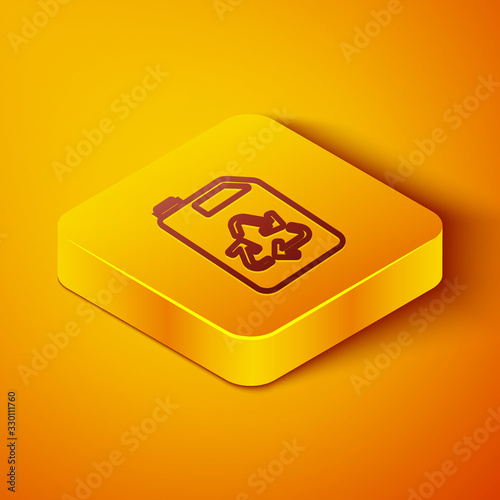 Isometric line Eco fuel canister icon isolated on orange background. Eco bio and barrel. Green environment and recycle. Yellow square button. Vector Illustration