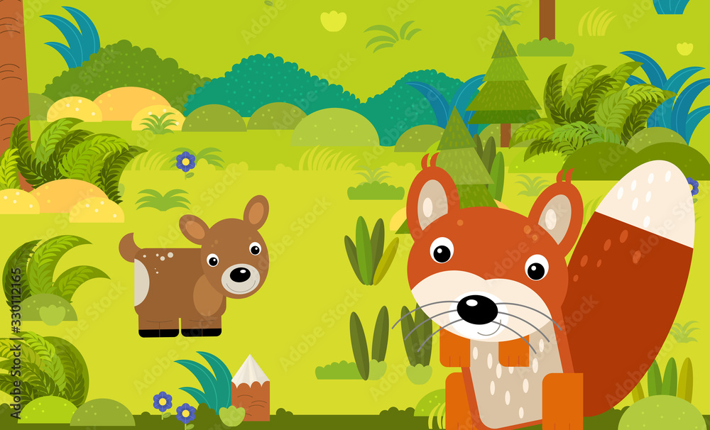 cartoon scene with different european animals in the forest illustration cartoon scene with different european animals in the forest illustration