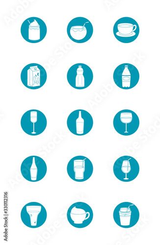 drinks beverage glass cups bottle alcoholic liquor icons set blue block style icon