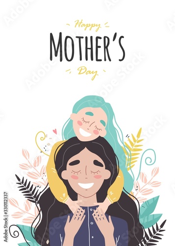 Mothers day greeting card, Mom and girl are smiling and hugging