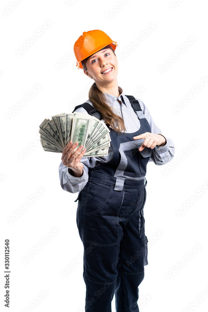 construction worker girl. The girl earned a lot of money and is very happy about it. Isolated construction worker girl. The girl earned a lot of money and is very happy about it. Isolated