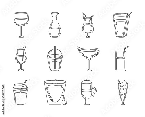 drinks beverage glass cups bottle alcoholic liquor icons set line style icon