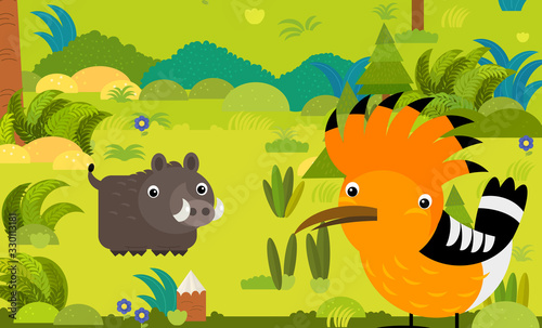 cartoon scene with different european animals in the forest illustration