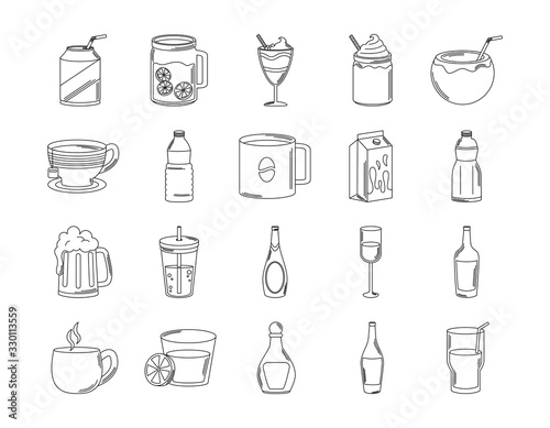 drinks beverage glass cups bottle alcoholic liquor icons set line style icon