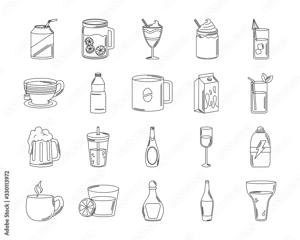 drinks beverage glass cups bottle alcoholic liquor icons set line style icon drinks beverage glass cups bottle alcoholic liquor icons set line style icon