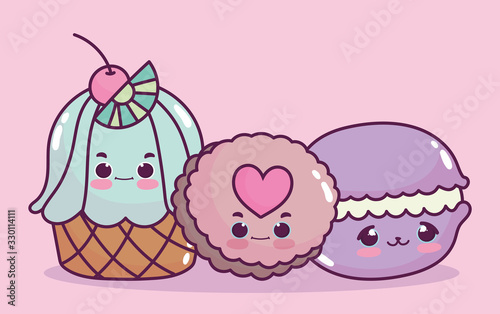 cute food cupcake cookie and macaroon sweet dessert pastry cartoon