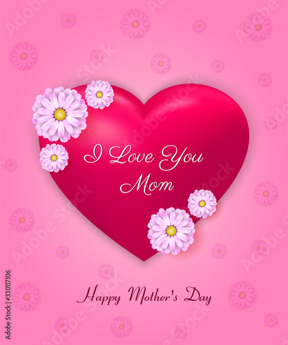Happy Mother's Day greeting card,  banner, poster, with pink realistic heart, white spring flowers and text on isolated gradient background