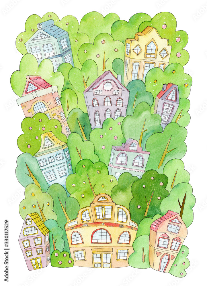 eco friendly green cosy city with many trees, hand drawn watercolor illustration eco friendly green cosy city with many trees, hand drawn watercolor illustration