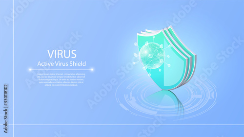 Virus protection, website page template. China Wuhan coronavirus epidemic. Shield with protecting from bacteria, virus, microbes. Coronavirus 2019-nCov novel coronavirus concept. Vector web banner