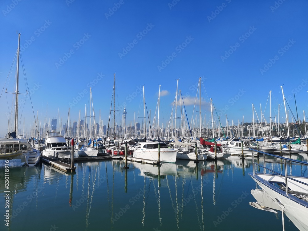 harbor with yatch under blue sky