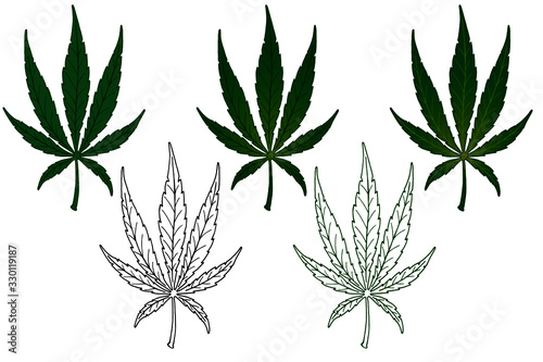 Vector illustration. Hand drawing. Set of marijuana leaves. Hemp Green Leaf. Black line. Green line. Coloring page. Isolated on white.