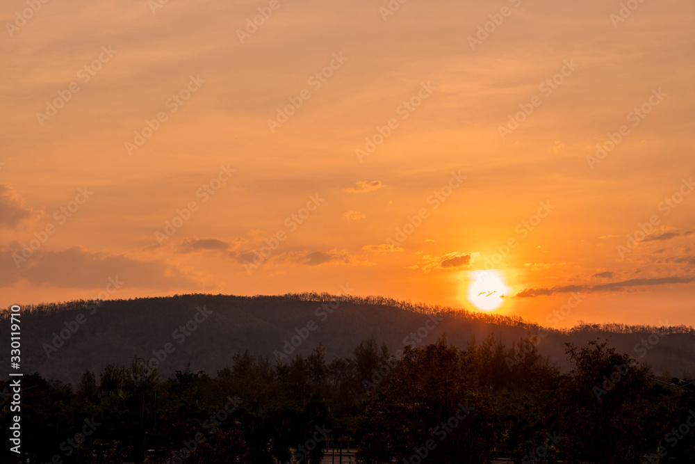 Colorful landscape sunset on the moutian background