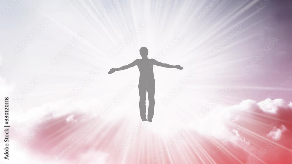 Creative 4k video with the parallax effect of the sky with moving clouds and sunlight, the silhouette of a man with spread arms, flying in bright light and dissolving in it. The concept of open mind. Creative 4k video with the parallax effect of the sky with moving clouds and sunlight, the silhouette of a man with spread arms, flying in bright light and dissolving in it. The concept of open mind.