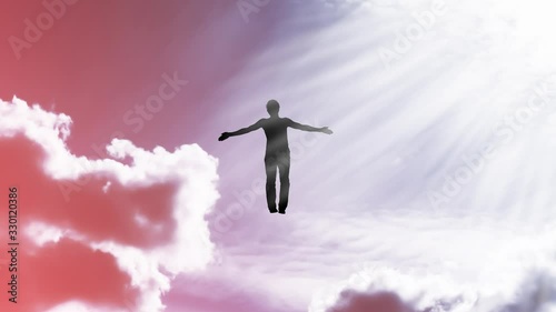 Wallpaper Mural Creative 4k video with the parallax effect of the sky with moving clouds and sunlight, the silhouette of a man with spread arms, flying in bright light and dissolving in it. The concept of open mind. Torontodigital.ca