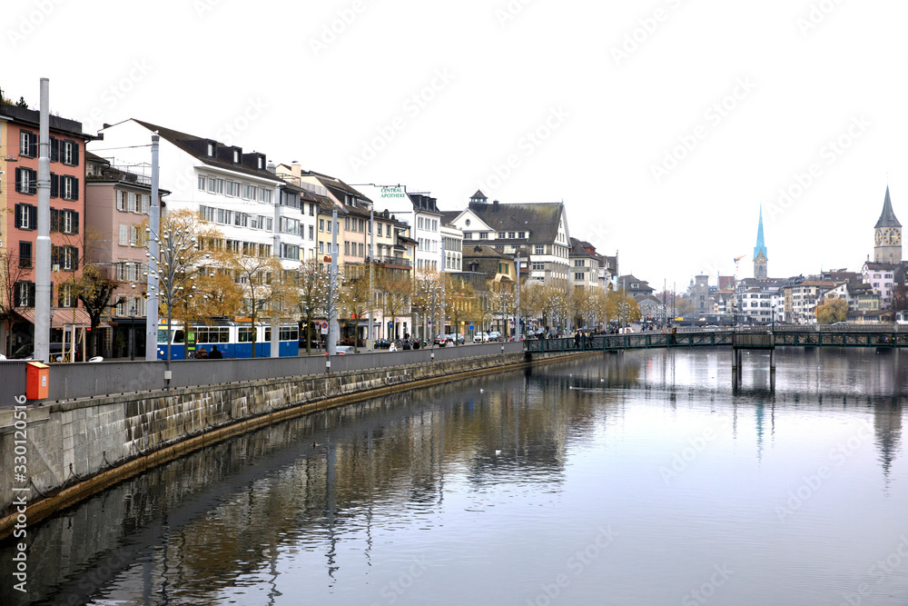 Naklejka premium Zurich / Switzerland - November 25, 2018: Typical houses in Zurich city centre, Zurich, Switzerland, Europe