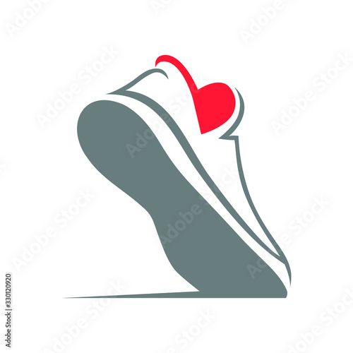 Vászonkép Running shoe heart symbol on white backdrop. Loving sport concept