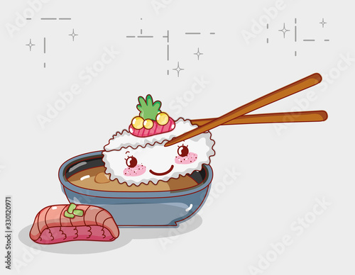 kawaii rice roll in stick and fish with wasabi food japanese cartoon, sushi and rolls