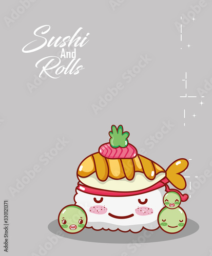 kawaii rice sushi fish peas food japanese cartoon, sushi and rolls