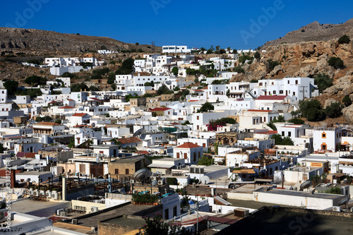 Lindos, Rhodes / Greece - June 23, 2014: View on the roofs of Lindos, Rhodes, Dodecanese Islands, Greece.
