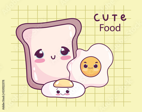 cute food breakfast bread and fried eggs sweet dessert pastry cartoon