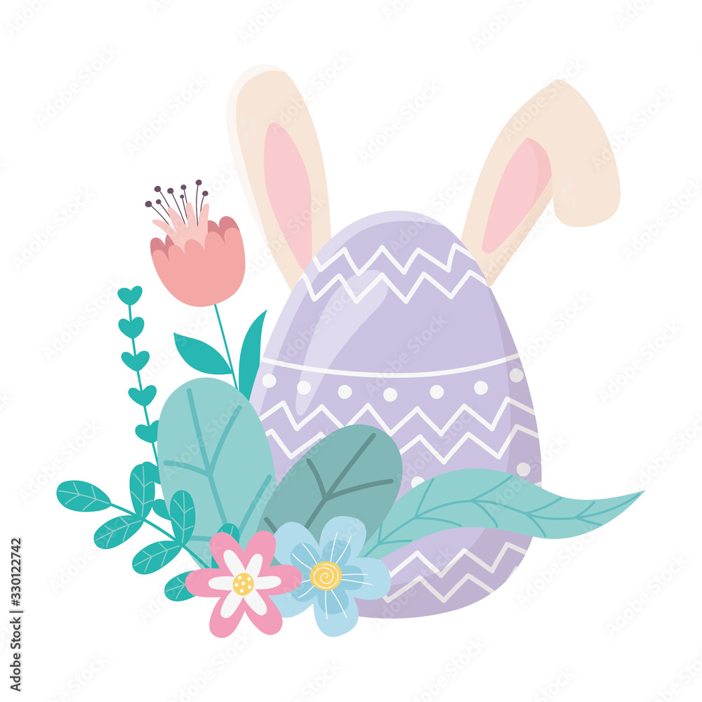 happy easter day, cute egg with ears flowers foliage decoration happy easter day, cute egg with ears flowers foliage decoration