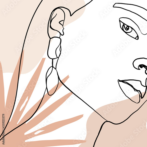 Continuous line, drawing of woman face, fashion concept, woman beauty minimalist with geometric doodle Abstract floral elements pastel colors. One line continuous drawing. vector illustration