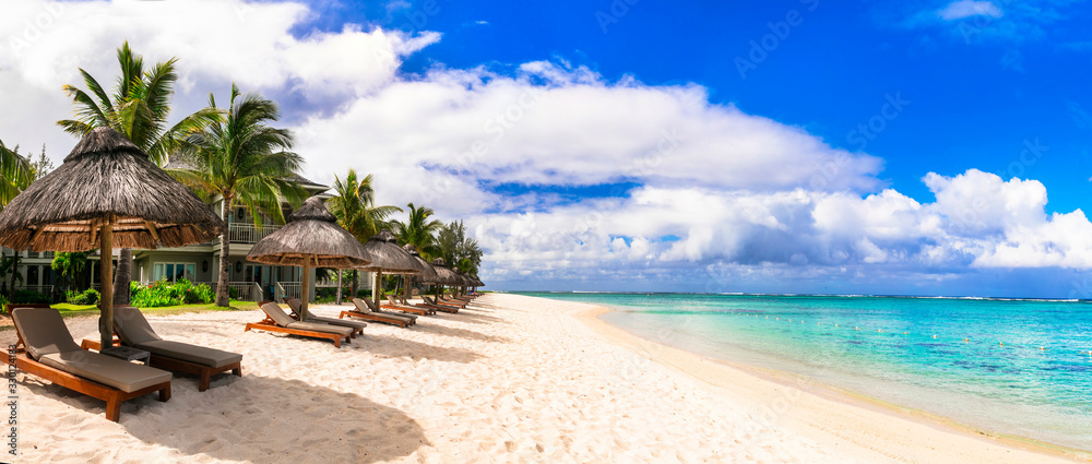 Best tropical beach destination - paradise island Mauritius, Le Morne beach - obrazy, fototapety, plakaty 