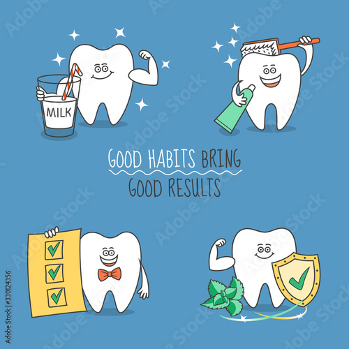 Teeth cartoon set. Tooth with milk, toothbrush, checklist, and shield mark. Good habits bring good result. Cute and funny characters for dentistry design or a standalone illustration.