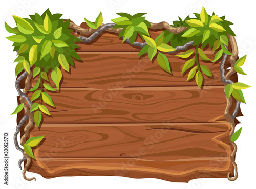 Game wooden board and branches liana and tropical leaves. Isolated  cartoon panel with space for text . Vector illustration on white background.